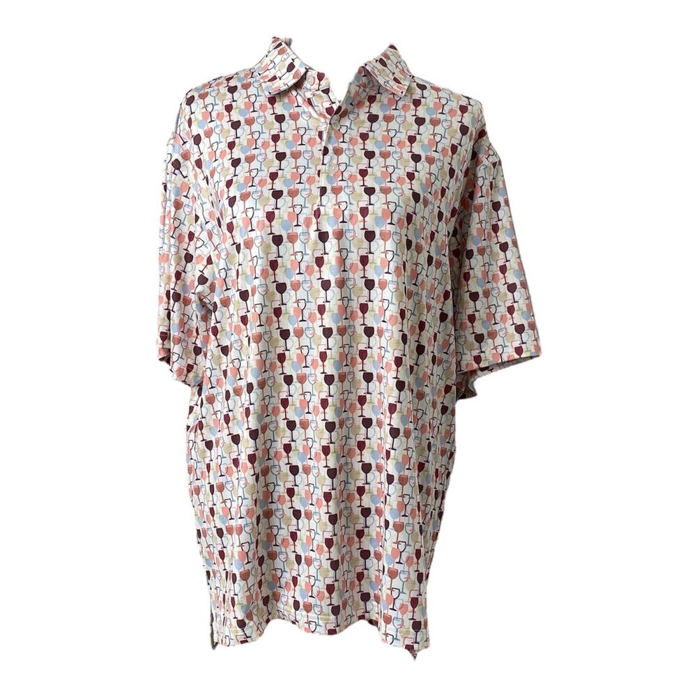 Men’s Medium Polo Shirt FX Fusion Multicolor Wineglass Print Short Sleeve